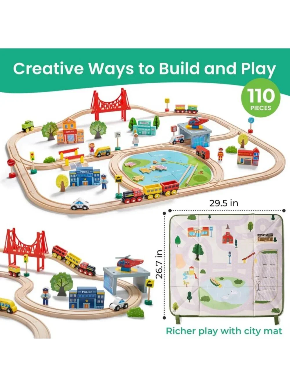 110pcs Wooden Train Set with Folding Storage Box - Educational Toy for Kids